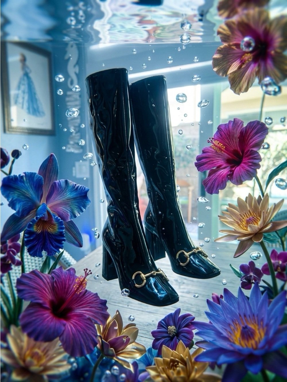 Jeffrey Campbell Black Patent Over-the-Knee Boots with Gold Bit